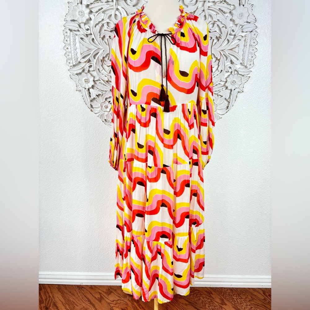 {Oliphant} Bright Geometric Wave Balloon Sleeve Midi Dress, Size M